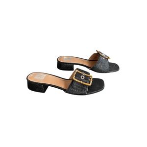 DV Dolce Vita Niece Black Woven Raffia Buckle Slide Sandals Block Heel Womens8.5